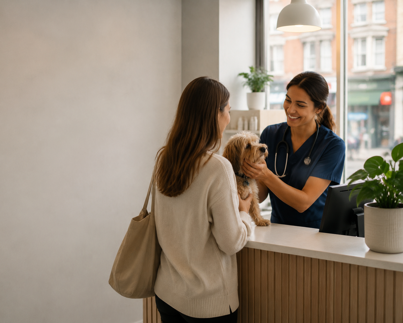 A vet with a pet in a bright, calm practice